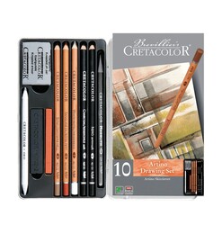 Cretacolor Artino Drawing Set Karakalem Eskiz Çizim Seti Metal Kutu 10 Parça - Cretacolor