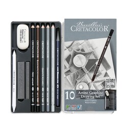 Cretacolor Artino Graphite Drawing Set Karakalem Eskiz Çizim Seti Metal Kutu 10 Parça - Cretacolor