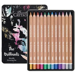 Cretacolor Mega Color Brilliants Metalik Jumbo Kalın Kuru Boya Kalemi Seti 12 Renk Metal Kutu - Cretacolor