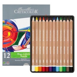 Cretacolor Megacolor Jumbo Kalın Kuru Boya Kalemi Seti 12 Renk Metal Kutu - Cretacolor
