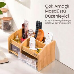 Daxi Bambu Ahşap Çekmeceli Kalemlik Çok Amaçlı Masaüstü Makyaj Düzenleyici Organizer - 4