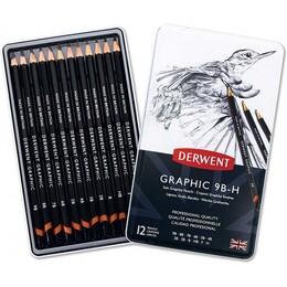 Derwent Graphic Dereceli Kalem Karakalem Eskiz Çizim Seti Soft (Sketching) 12'li Teneke Kutu - 1