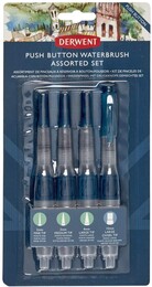 Derwent Push Button Waterbrush Akış Kontrollü Su Hazneli Sulu Boya Fırçası Seti 4 Boy - Derwent