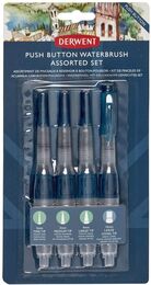 Derwent Push Button Waterbrush Akış Kontrollü Su Hazneli Sulu Boya Fırçası Seti 4 Boy - 1