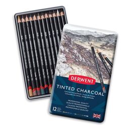 Derwent Tinted Charcoal Renkli Kömür Füzen Karakalem Eskiz Çizim Seti 12'li Teneke Kutu - 1