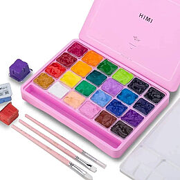 HIMI Jelly Cup Gouache Set Guaj Boya Seti 24 Renk x 30 gr. + 3 Fırça (Pink Case) - 1