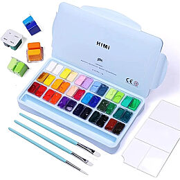 HIMI Twin Cup Gouache Set Guaj Boya Seti 36 Renk x 12 gr. + 3 Fırça (Ice Blue Case) - 1