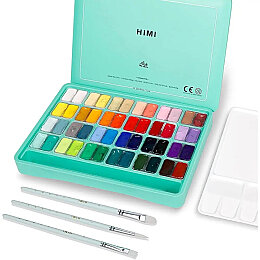 HIMI Twin Cup Gouache Set Guaj Boya Seti 48 Renk x 12 gr. + 3 Fırça (Green Case) - HIMI