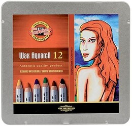 Koh-i Noor Wax Aquarell Balmumu Kalın Boya Kalemi Seti 12 Renk Metal Kutu - Koh-i Noor