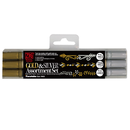 Zig Gold & Silver Metalik Kaligrafi Yazı Kalemi Seti 3'lü (Fırça Uç, Kesik Uç, Yuvarlak Uç) - Zig