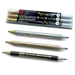 Zig Gold & Silver Metalik Kaligrafi Yazı Kalemi Seti 3'lü (Fırça Uç, Kesik Uç, Yuvarlak Uç) - 2