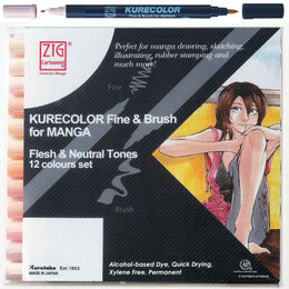 Zig Kurecolor Fine & Brush for MANGA Marker Çizim Kalemi Seti 12 Renk Flesh & Neutral Tones - Zig