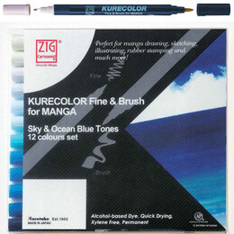 Zig Kurecolor Fine & Brush for MANGA Marker Çizim Kalemi Seti 12 Renk Sky & Ocean Blue Tones - Zig